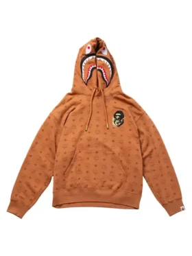 A premium standalone profile of the luxury MCM Bape Monogram Shark Pullover Hoodie.