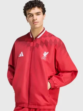 The masculine silhouette of the LFC Adidas 26/27 Stadium Track Jacket in a rich maroon color.