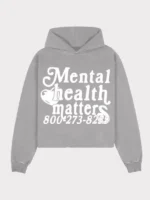 A clean studio layout profile of the heather grey Mental Health Matters Hoodie.