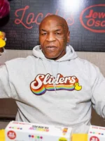 The essential Mike Tyson Rainbow Sliders Hoodie showcasing a relaxed athletic silhouette.