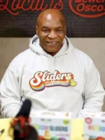 A front profile view of the Mike Tyson Rainbow Sliders Hoodie in soft heather grey.