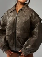 Oversized Brown Leather Bomber Jacket in brown real leather with viscose lining, zipper closure, and pockets