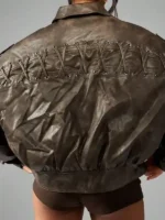 Back view of Oversized Brown Leather Bomber Jacket showing brown real leather and clean bomber shape