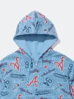 Full front view of the Supreme Atlanta Braves Blue Hoodie showing the heavy duty zipper closure.