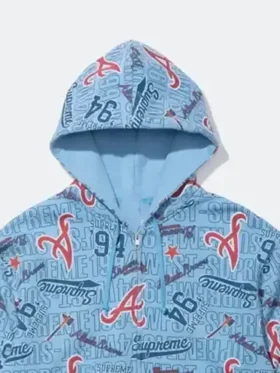 Full front view of the Supreme Atlanta Braves Blue Hoodie showing the heavy duty zipper closure.