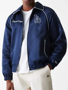 A clean front view of the MLB Los Angeles Dodgers Navy Club Jacket in navy blue.
