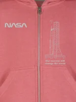 NASA ARTEMIS Launch System Youth Jacket in pink fleece with hooded collar, zipper front, and rib hem