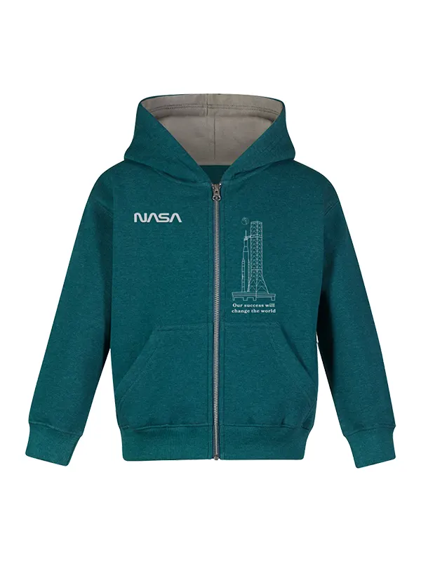 NASA ARTEMIS Launch System Youth Jacket featuring fleece fabric, kangaroo pockets, hood, and rib cuffs