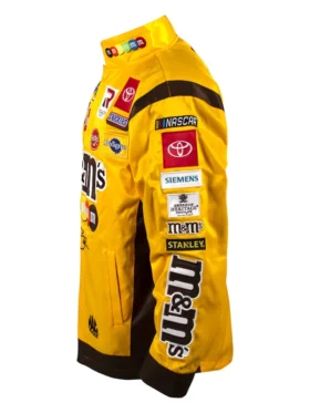 The left side presentation of the vibrant Kyle Busch Joe Gibbs Yellow NASCAR Jacket.