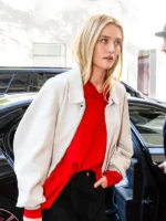 NYC 2026 Sarah Pidgeon White Wool Jacket with shirt collar, zipper front, snap tab closure, and rib cuffs