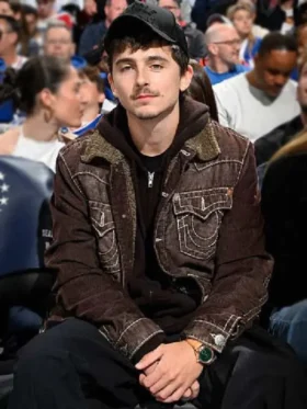 New York Knicks vs Philadelphia 76ers Timothee Chalamet Brown Trucker Jacket with sherpa collar