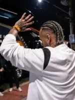 The clean back profile of the Santos FC Neymar White Track Jacket showing its tailored fit.