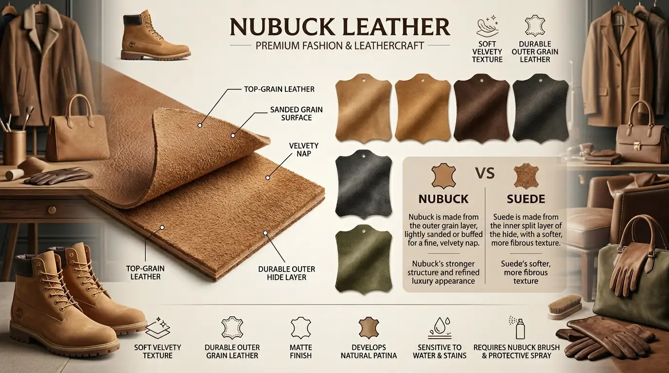 Infographic explaining nubuck leather texture, sanded top-grain surface, suede comparison, patina, care needs, and water sensitivity