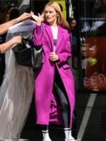 NYC 2026 Sarah Pidgeon Purple Coat featuring soft wool fabric, viscose lining, and button front closure