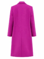 Back view of NYC 2026 Sarah Pidgeon Purple Coat showing smooth purple wool fabric and long coat shape