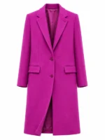 Front view of NYC 2026 Sarah Pidgeon Purple Coat with lapel collar, button closure, and purple wool finish