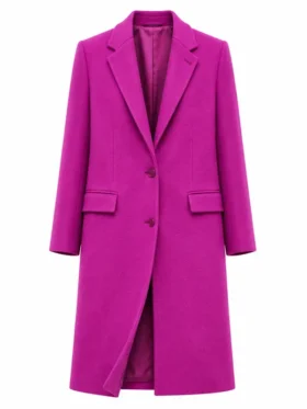 Front view of NYC 2026 Sarah Pidgeon Purple Coat with lapel collar, button closure, and purple wool finish