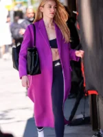 NYC 2026 Sarah Pidgeon Purple Coat in wool with lapel collar, button closure, and full length sleeves