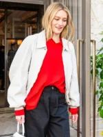 NYC 2026 Sarah Pidgeon White Wool Jacket in soft wool with snap tab closure, pockets, and ribbed hem