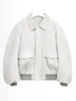Front view of NYC 2026 Sarah Pidgeon White Wool Jacket with zipper, snap tab closure, and rib cuffs