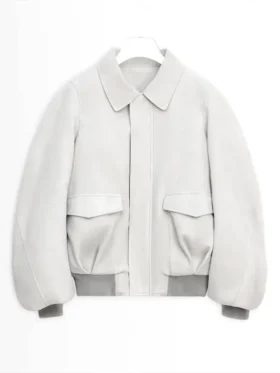 Front view of NYC 2026 Sarah Pidgeon White Wool Jacket with zipper, snap tab closure, and rib cuffs