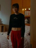 Side profile layout view of the Off Campus Mika Abdalla Black Sweatshirt in a cropped cut.