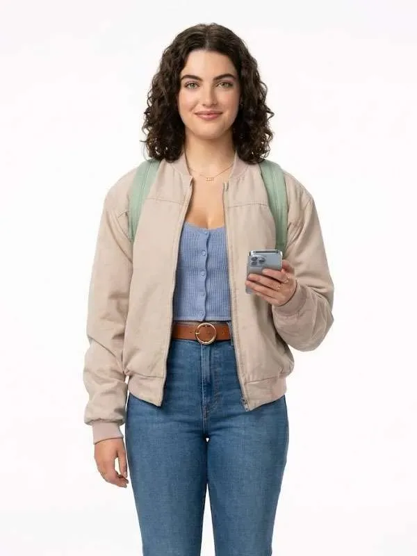 Off Campus Ella Bright Bomber Jacket Full front profile presentation of the structured Off Campus Ella Bright Bomber Jacket.