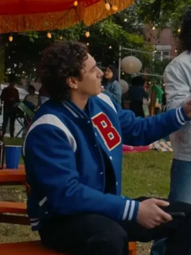 Full view of the Belmont Cameli Blue Varsity Jacket inspired by the lead character.