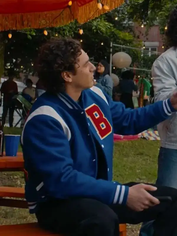 Off Campus Garrett Graham Blue Varsity Jacket Full view of the Belmont Cameli Blue Varsity Jacket inspired by the lead character.