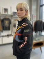 A premium standalone profile of the midnight black Off Campus Julia Sarah Racing Jacket.