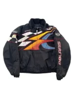 Full front profile view highlighting the sleek athletic layout of the Off Campus Julia Sarah Racing Jacket.