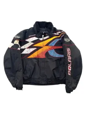 Full front profile view highlighting the sleek athletic layout of the Off Campus Julia Sarah Racing Jacket.