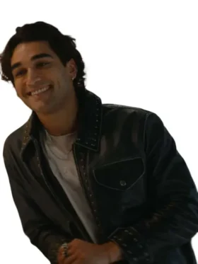 Full profile view of the black Off Campus Justin Kohl Leather Jacket with pockets.
