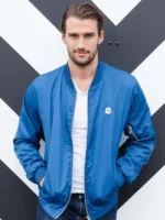 Pokemon Kanto Trainer Jacket front view in blue with zipper closure and chest logo