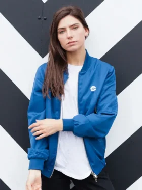 Pokemon Kanto Trainer Jacket womens front view with blue bomber style and chest logo