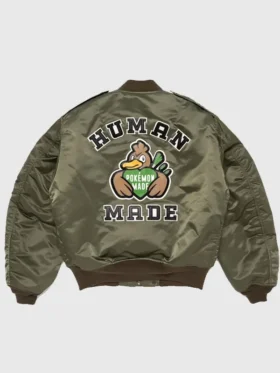 The back view of the Pokemon x Human Made Satin Bomber Jacket showing the clean satin sheen.