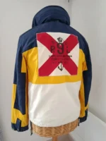 Polo Ralph Lauren Yacht Club Sailing Jacket back view navy yellow white colorblock R9L Snipe Class Division red cross anchor patch on mannequin
