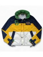 Polo Ralph Lauren Yacht Club Sailing Jacket front flat lay navy yellow white colorblock number 5 green applique PRL Club badge green inner lining visible