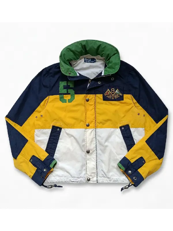 Polo Ralph Lauren Yacht Club Sailing Jacket Front Flat Lay Colorblock View Polo Ralph Lauren Yacht Club Sailing Jacket front flat lay navy yellow white colorblock number 5 green applique PRL Club badge green inner lining visible