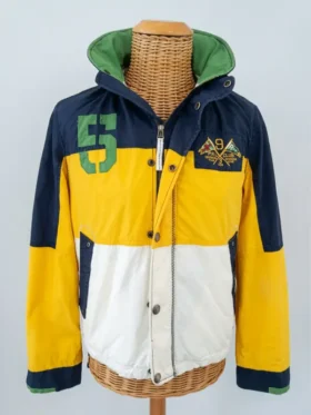 Polo Ralph Lauren Yacht Club Sailing Jacket front view on mannequin navy yellow white colorblock number 5 green applique PRL Club chest badge green lining