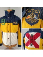 Polo Ralph Lauren Yacht Club Sailing Jacket collage showing front view PRL Club shield badge close up and R9L Snipe Class Division back patch detail