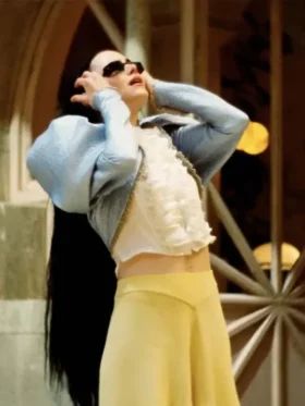Poor Things 2023 Bella Baxter Blue Coat in blue polyester cotton with open style front, viscose lining and full length sleeves for movie fans