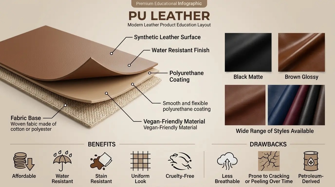Educational infographic explaining PU leather structure with polyurethane coating, fabric base, vegan-friendly material, benefits, and drawbacks