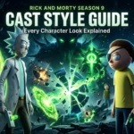 Rick and Morty Season 9 cast style guide banner showing Rick Sanchez, Evil Morty, portals, and multiverse effects.