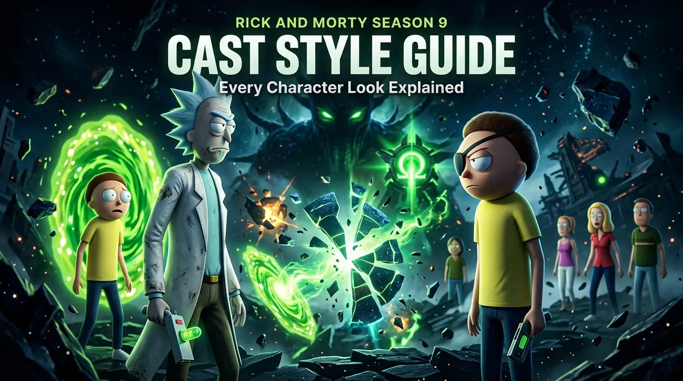 Rick and Morty Season 9 cast style guide banner showing Rick Sanchez, Evil Morty, portals, and multiverse effects.