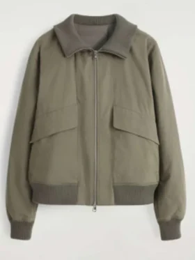 Full front view of the Riley Davis Off Campus Bomber Jacket showing the zipper closure.