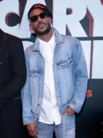 Clean studio profile layout of the heavy weight Scary Movie 6 Marlon Wayans Denim Jacket.