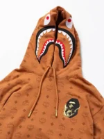 front view highlighting the casual silhouette of the MCM Bape Monogram Shark Pullover Hoodie.