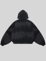 Black Shinzo Shige 15oz canvas clasp bomber jacket clean back product shot showing hooded structure on grey background