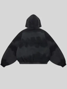 Black Shinzo Shige 15oz canvas clasp bomber jacket clean back product shot showing hooded structure on grey background